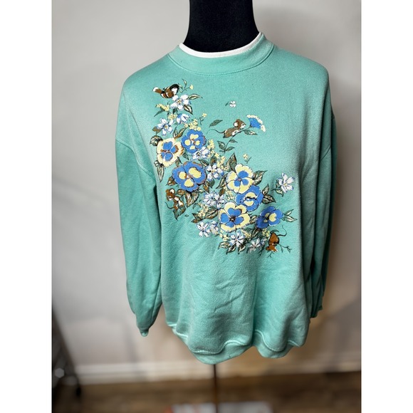 Tops - Vintage Teal Floral Bird Sweatshirt Mock Neck Grandma cozy embroidered Pullover‎